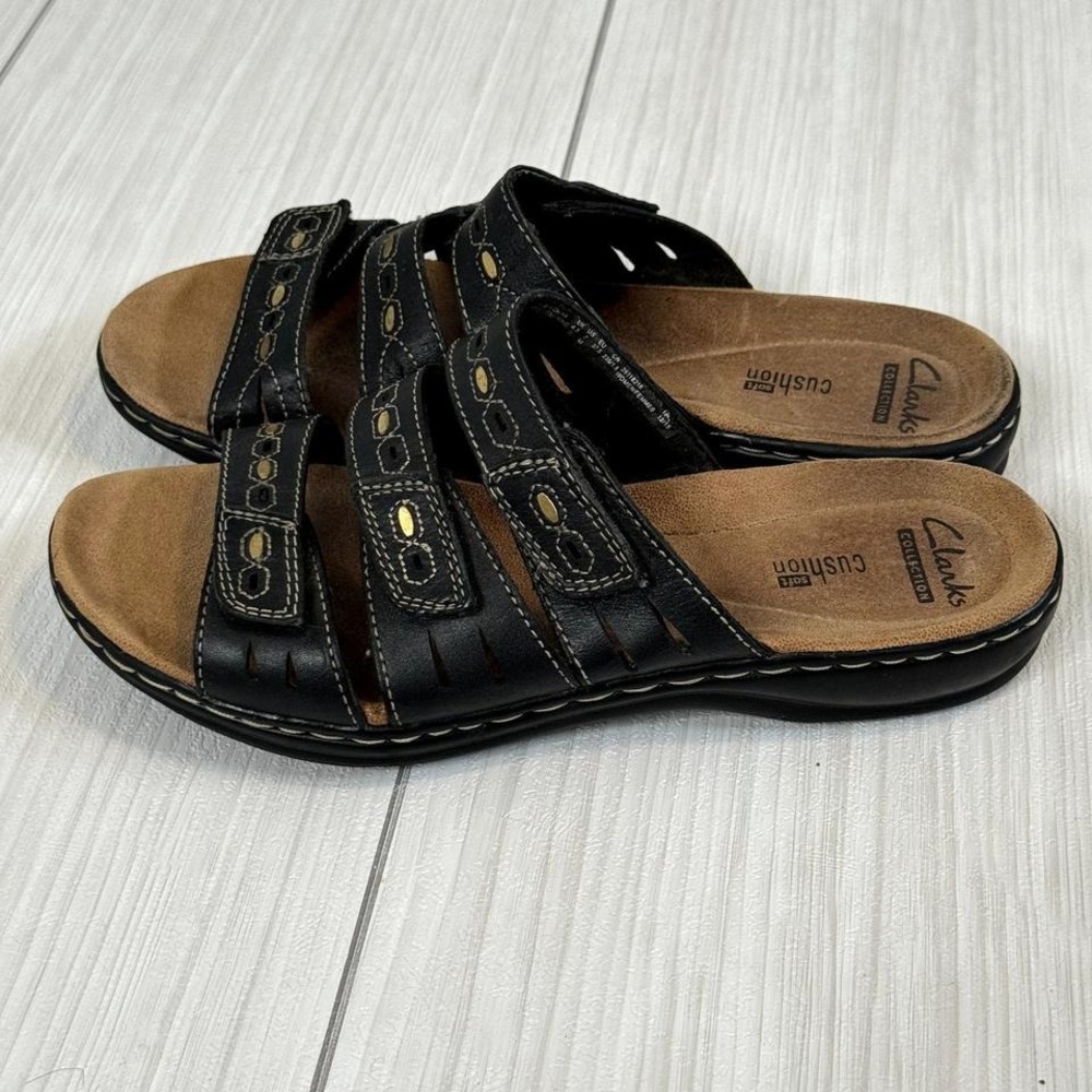 Clarks Collection Black Leather Slide Sandals Cus… - image 4